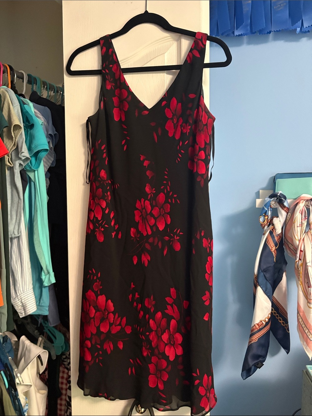 Black Floral Slip Dress with Red Blooms